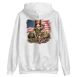 Photos showcase a trendy Army Girl patriotic hoodie design featuring a cute cartoon-style military inspired girl with large blue eyes, camouflage fashion details, distressed American flag artwork, tactical accessories, patriotic tumbler imagery, and boutique-style Americana aesthetics. Images display vibrant high-resolution DTF artwork with feminine military-inspired fashion elements, freedom-themed graphics, rustic patriotic styling, and oversized boutique hoodie design placement.
