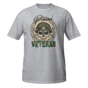 Photos showcase a Stone Gray patriotic graphic t-shirt featuring a distressed military-inspired skull artwork with tactical helmet details, camouflage typography, rugged Americana styling, and bold veteran-themed graphics. Product images highlight high-resolution DTF printing, edgy patriotic aesthetics, vintage military-inspired textures, and oversized front graphic placement designed for comfortable everyday wear.