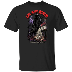 Last Show at Midnight graphic tee in black with spooky drive-in inspired artwork