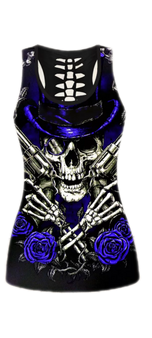 Vibrant Blue  top hat skeleton with double pistols polyester blend ladies tank