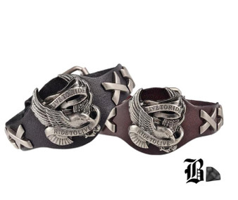 Introducing our stunning Unisex Faux Leather Cuff Style Bracelet with Buckle Closure, a perfect accessory for those who embrace the spirit of freedom and adventure. This unique bracelet features the majestic image of an eagle carrying a banner that proudly declares "Live to Ride, Ride to Live." Adding to its charm, the band of the bracelet is embellished with four steel X’s, symbolizing strength and endurance. Introducing our stunning Unisex Faux Leather Cuff Style Bracelet with Buckle Closure, a perfect accessory for those who embrace the spirit of freedom and adventure. This unique bracelet features the majestic image of an eagle carrying a banner that proudly declares "Live to Ride, Ride to Live." Adding to its charm, the band of the bracelet is embellished with four steel X’s, symbolizing strength and endurance.