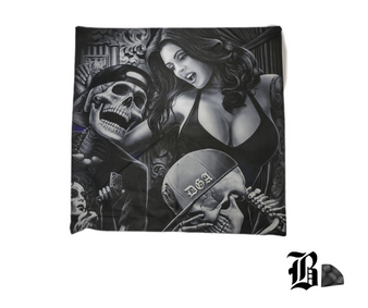 Transform your living room, bedroom, or any space in need of a touch of personality with our Eternal Laughter Pillow Cover. Let the lady and her skeleton biker companions bring a delightful twist to your decor, reminding you to embrace life's lighter side.
