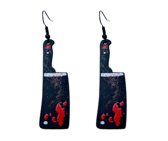 Introducing the third in our unique and striking "Crimson Edge" Earrings, designed to make a bold statement and leave a lasting impression. These earrings are inspired by the captivating allure of butcher knife style bloody knives, translating their edgy appeal into a stunning fashion accessory. While these earrings evoke a certain edginess, it's important to note that they are purely designed for aesthetic purposes and do not pose any harm. They provide a captivating and slightly rebellious touch to any outfit, allowing you to express your individuality and make a statement with your fashion choices. Embrace the unconventional and let your fashion sense speak volumes with these captivating and unique accessories. Order yours today!!