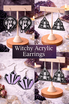 A curated collection of witchy-inspired acrylic earrings featuring dark, mystical designs including celestial symbols, occult figures, crystal shapes, and gothic motifs. Each pair showcases bold black detailing paired with soft lavender accents, displayed in styled scenes with crystals, candles, and moody textures. The collection blends alternative fashion with mystical aesthetics, creating a cohesive, edgy yet feminine visual