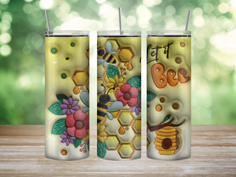 A tumbler with a bee design and the phrase "let it bee" is available for purchase. This tumbler keeps your beverages at the perfect temperature for hours, making it ideal for people with busy lifestyles. Get one today and let the bee design and uplifting quote inspire you wherever you go.