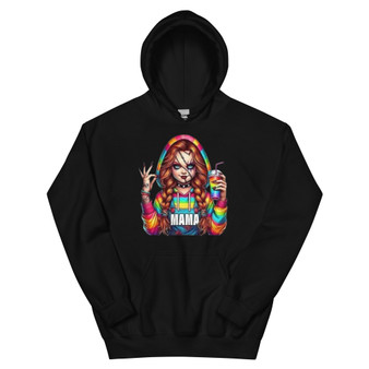 Graphic hoodie featuring a redheaded girl in a Halloween-inspired outfit with a mischievous, creepy-cute vibe. The design has spooky doll-style energy with bold red and dark tones, perfect for fall and Halloween season. The hoodie is soft, midweight, and cozy with a front pouch pocket and double-lined hood.