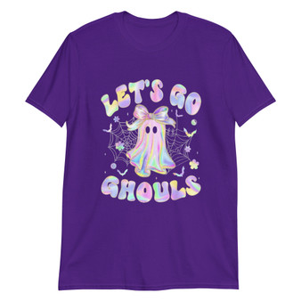 Halloween T-shirt featuring a marbled iridescent ghost with bats, spider webs, and the phrase “Let’s Go Ghouls.” Cute, trendy, and spooky-chic.