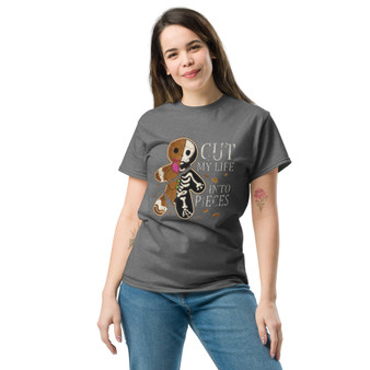 Edgy Christmas t-shirt with dark humor — festive gingerbread man graphic