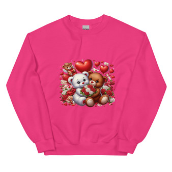 Crew neck sweatshirt displayed flat featuring two Valentine teddy bears surrounded by hearts and flowers. Design uses soft pastel Valentine colors and a heartwarming aesthetic.