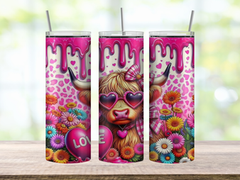 20oz stainless steel tumbler displayed upright with full-wrap design. A cute Highland cow wears heart-shaped sunglasses, surrounded by hearts, flowers, and soft pastel Valentine accents. A stylish drip effect wraps around the rim. Glossy finish with clear sliding lid attached.