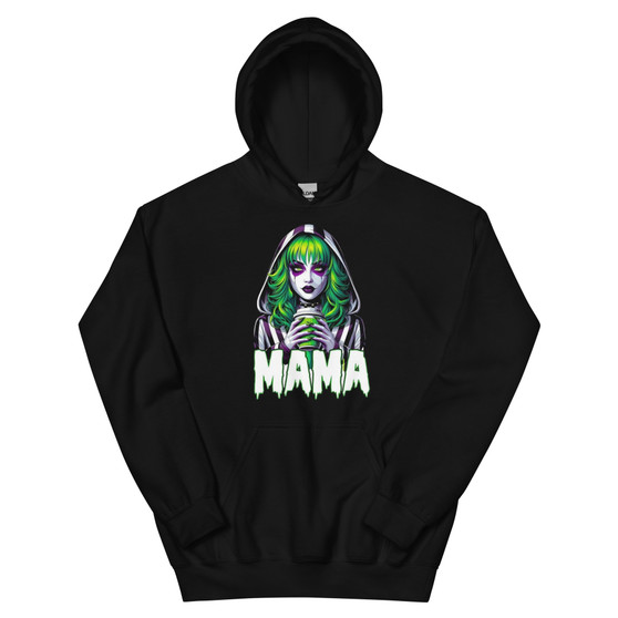 Graphic hoodie featuring a person styled in black-and-white stripes with bold Halloween-inspired makeup and a spooky-cute vibe. The design gives playful haunted energy, perfect for Halloween and fall fashion. The hoodie is soft, midweight, and cozy with a front pouch pocket and double-lined hood.