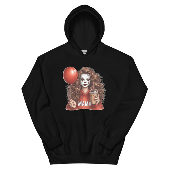 Halloween-themed hoodie featuring a girl with clown-inspired makeup and “MAMA” text. Creepy yet stylish design with circus-inspired Halloween vibes.