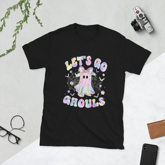 Halloween T-shirt featuring a marbled iridescent ghost with bats, spider webs, and the phrase “Let’s Go Ghouls.” Cute, trendy, and spooky-chic.