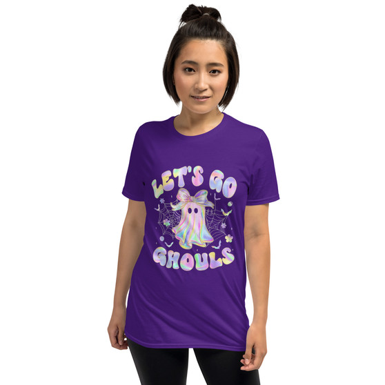 Halloween T-shirt featuring a marbled iridescent ghost with bats, spider webs, and the phrase “Let’s Go Ghouls.” Cute, trendy, and spooky-chic.