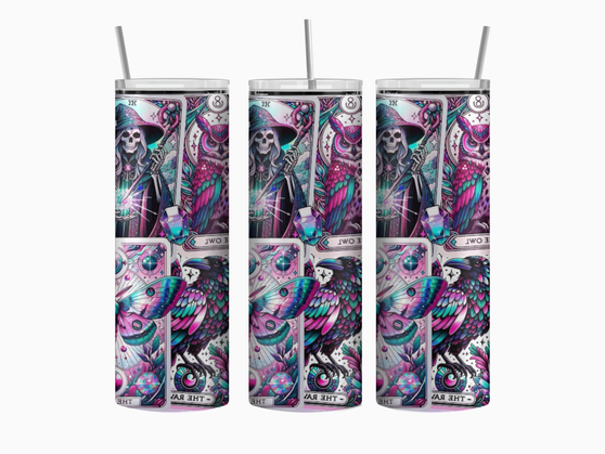 20oz stainless steel tumbler shown upright with full-wrap tarot card illustrations featuring celestial, mystical, and esoteric motifs in detailed linework. Glossy finish with clear sliding lid attached.