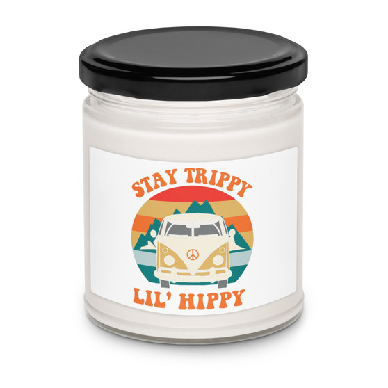 “Stay Trippy Lil Hippy soy candle featuring retro van graphic and boho hippie text on candle jar, full view showing colorful free-spirit design, perfect for hippie decor and cozy home vibes.”