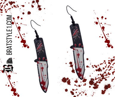 High-quality product images showcasing a pair of bold, gothic-inspired acrylic dangle earrings with a dark, edgy design, captured to highlight detail, size, and overall aesthetic against clean or styled backgrounds.