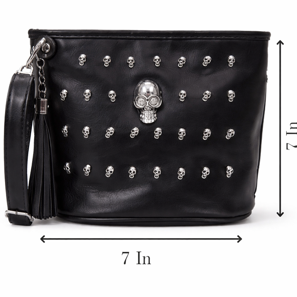 Main image: front-facing bag on pure white background
Secondary: back view showing zipper pocket
Lifestyle: worn crossbody on person (edgy outfit)
Detail: close-up of skull studs and texture