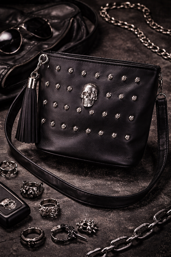 Main image: front-facing bag on pure white background
Secondary: back view showing zipper pocket
Lifestyle: worn crossbody on person (edgy outfit)
Detail: close-up of skull studs and texture