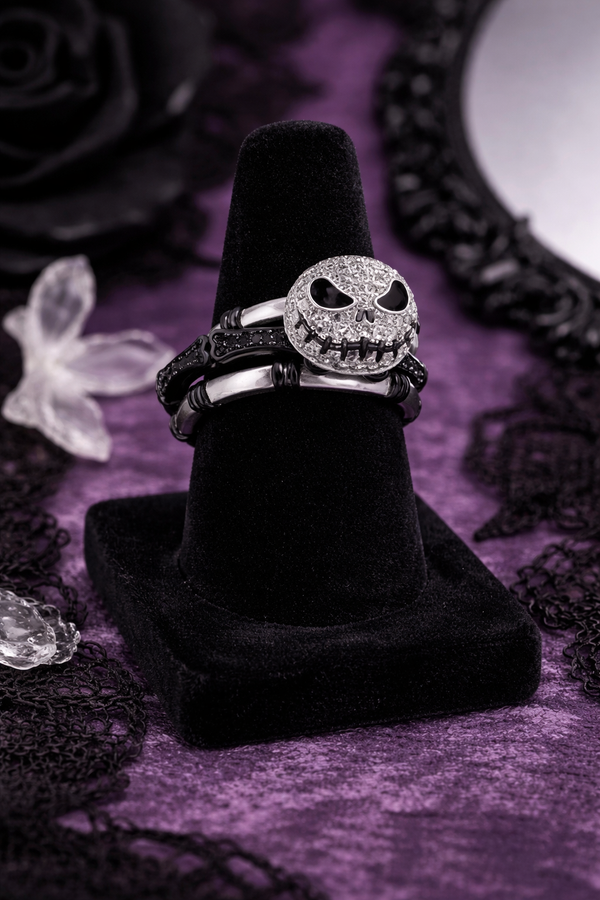 Includes clean product shots on a white background, lifestyle images worn on hand, display stand views, and moody flat lays highlighting the rhinestone detail and stacked design.