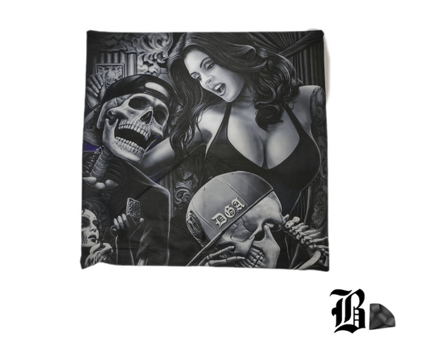 Transform your living room, bedroom, or any space in need of a touch of personality with our Eternal Laughter Pillow Cover. Let the lady and her skeleton biker companions bring a delightful twist to your decor, reminding you to embrace life's lighter side.