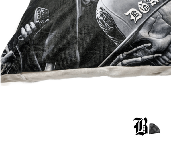 Transform your living room, bedroom, or any space in need of a touch of personality with our Eternal Laughter Pillow Cover. Let the lady and her skeleton biker companions bring a delightful twist to your decor, reminding you to embrace life's lighter side.