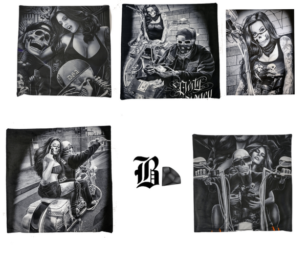 Transform your living room, bedroom, or any space in need of a touch of personality with our Eternal Laughter Pillow Cover. Let the lady and her skeleton biker companions bring a delightful twist to your decor, reminding you to embrace life's lighter side.