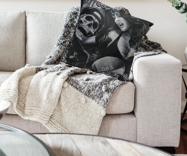 Transform your living room, bedroom, or any space in need of a touch of personality with our Eternal Laughter Pillow Cover. Let the lady and her skeleton biker companions bring a delightful twist to your decor, reminding you to embrace life's lighter side.