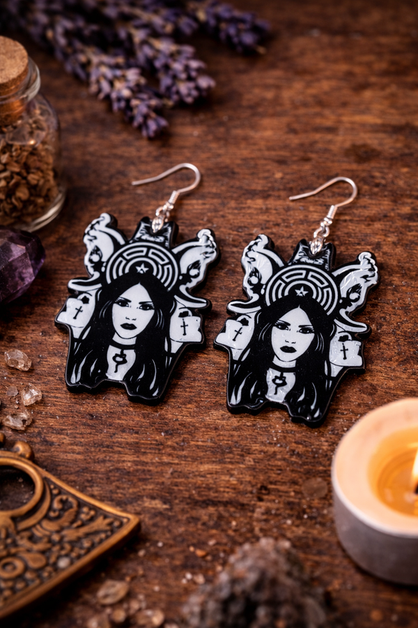 A curated collection of witchy-inspired acrylic earrings featuring dark, mystical designs including celestial symbols, occult figures, crystal shapes, and gothic motifs. Each pair showcases bold black detailing paired with soft lavender accents, displayed in styled scenes with crystals, candles, and moody textures. The collection blends alternative fashion with mystical aesthetics, creating a cohesive, edgy yet feminine visual
