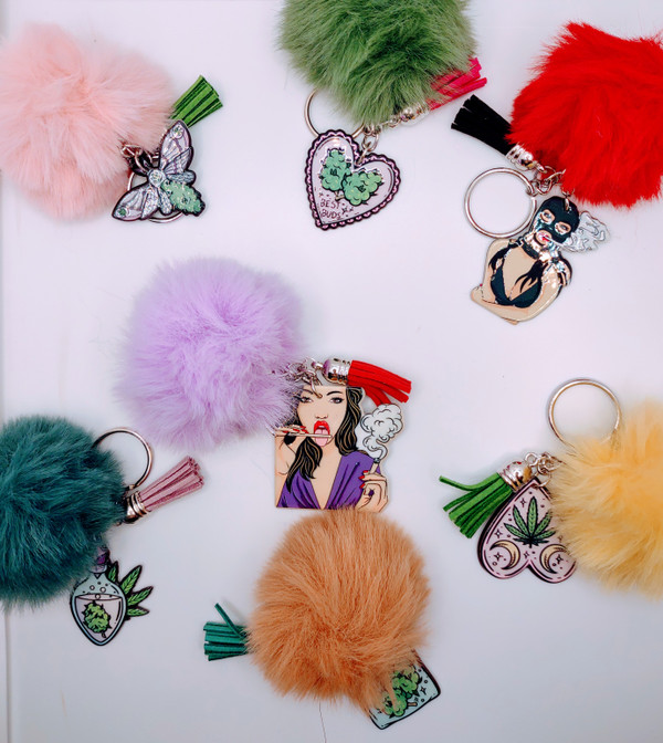 Double 'Toke' Acrylic Keychain with Fur and Tassel Charm – view 2