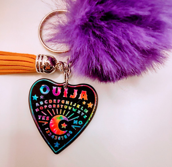 Black Tie-Dye Ouija Keychain with Fur and Tassel Charm