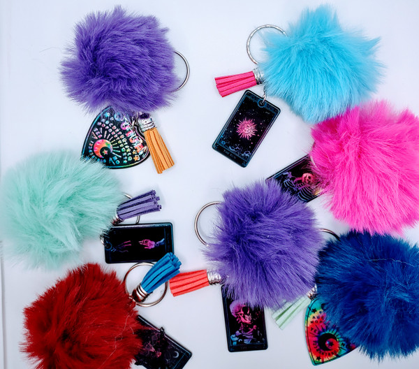 Colorful Tie-Dye Ouija Keychain with Fur and Tassel Charm – view 3