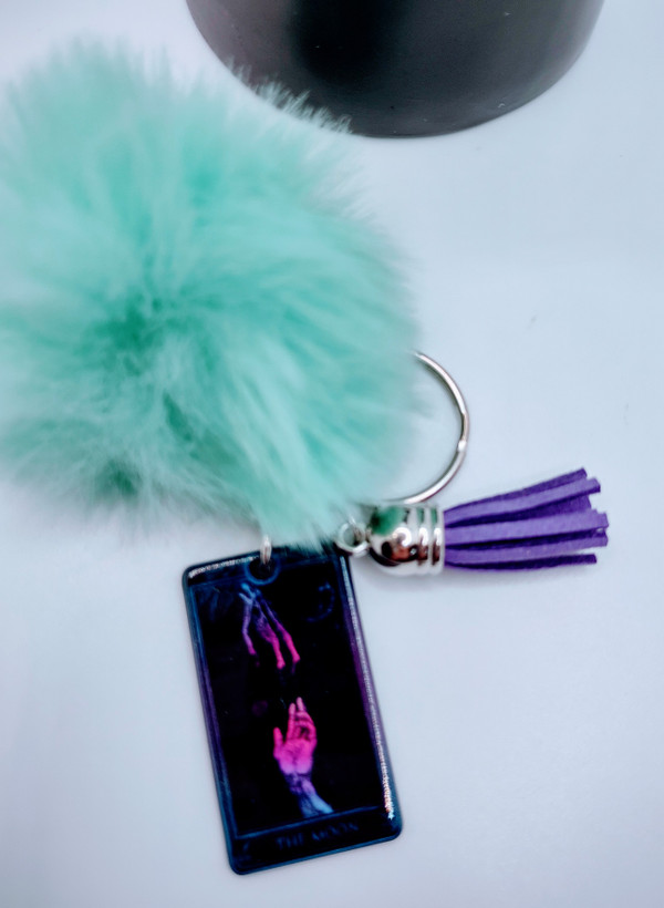 The Moon Tarot Card Keychain with Fur and Tassel Charm – view 2