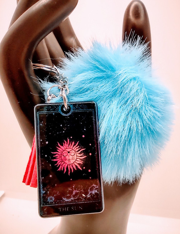 The Sun Tarot Card Keychain with Fur and Tassel Charm