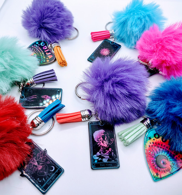The Sun Tarot Card Keychain with Fur and Tassel Charm – view 2