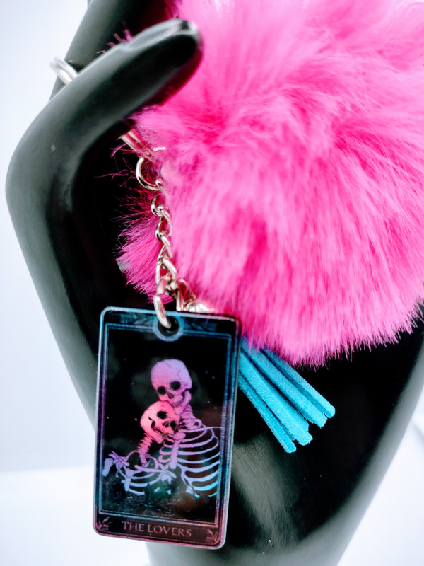The Lovers Tarot Card Acrylic Keychain with Fur and Tassel Charm