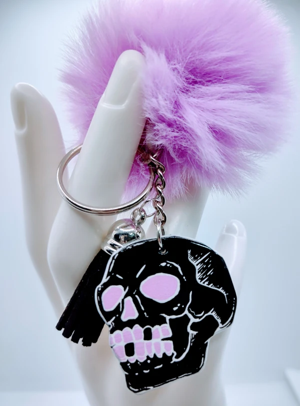 Skull Acrylic Keychain with Fur and Tassel Charm – view 2