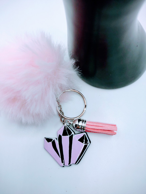 Crystal Trio Acrylic Keychain with Fur and Tassel Charm – view 3