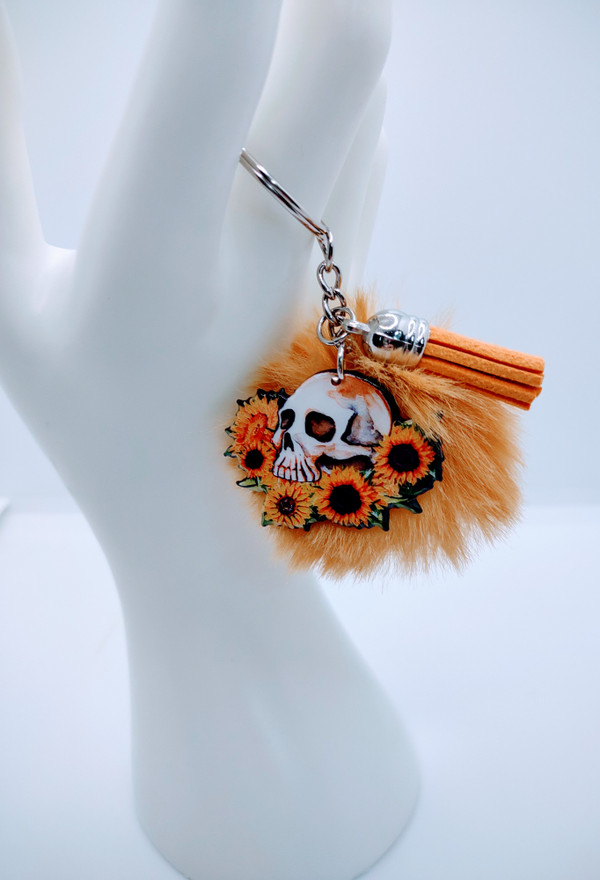 Sunflower and Skull Keychain with Puff Ball and Tassel Charm – view 3