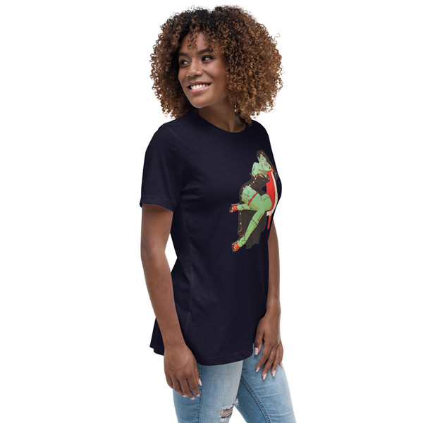 Embrace your inner undead darling with the Chair Gazing Zombie Pinup Women's Relaxed T-Shirt by Brat Style. This unique tee offers a playful twist on classic pinup art, featuring a captivating zombie beauty lounging in a vintage chair. Perfect for adding a touch of dark humor and retro charm to your everyday wardrobe, this shirt is guaranteed to turn heads and spark conversations.