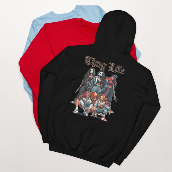 Urban Horror Hoodie with killer girls graphic, made-to-order streetwear pullover