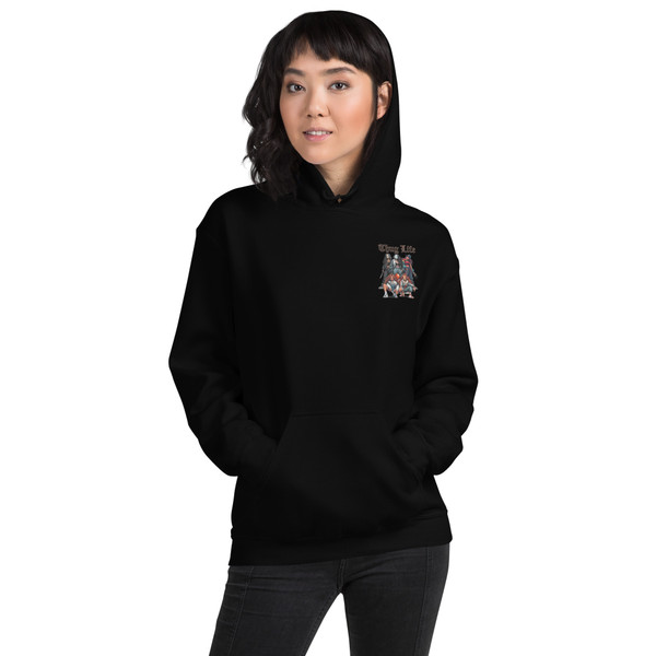Urban Horror Hoodie with killer girls graphic, made-to-order streetwear pullover