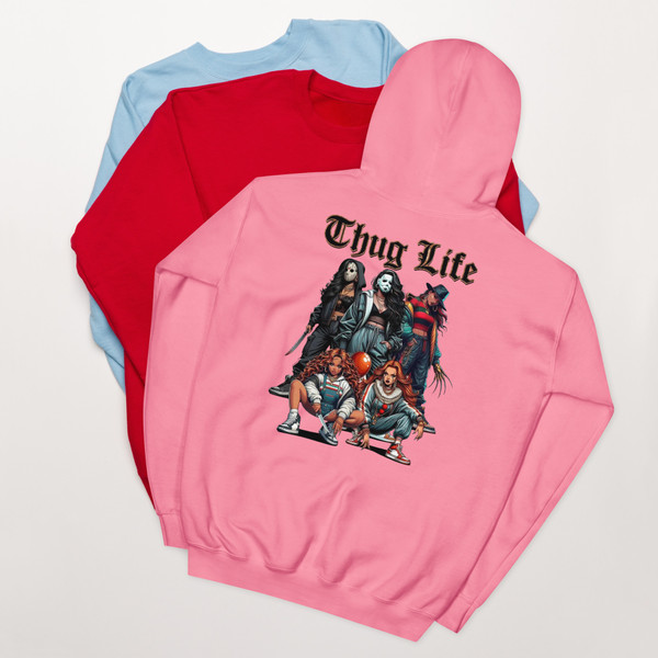 Urban Horror Hoodie with killer girls graphic, made-to-order streetwear pullover