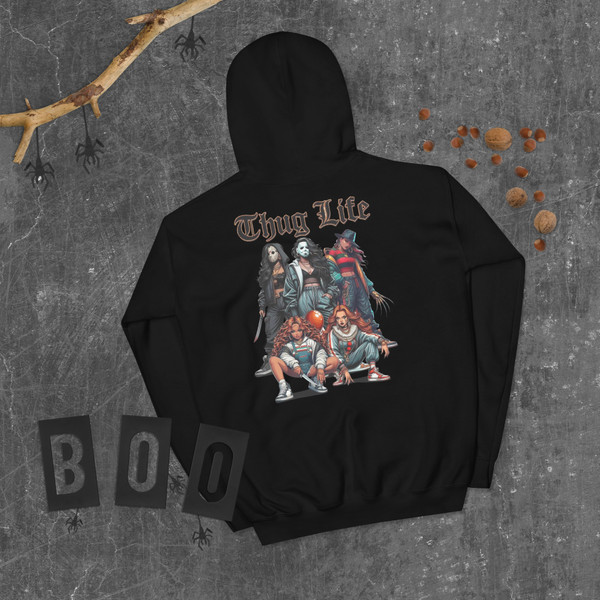 Urban Horror Hoodie with killer girls graphic, made-to-order streetwear pullover
