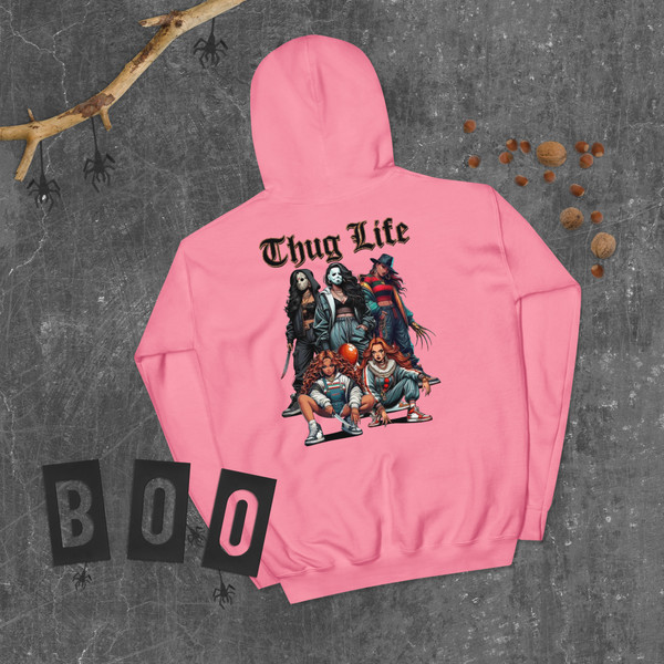 Urban Horror Hoodie with killer girls graphic, made-to-order streetwear pullover