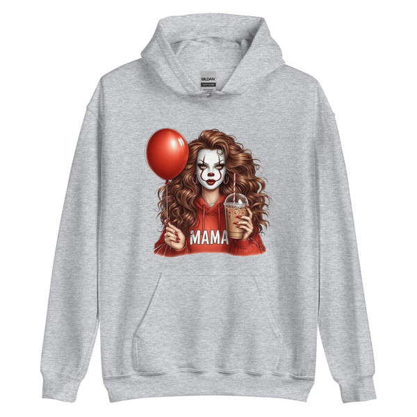 Halloween-themed hoodie featuring a girl with clown-inspired makeup and “MAMA” text. Creepy yet stylish design with circus-inspired Halloween vibes.