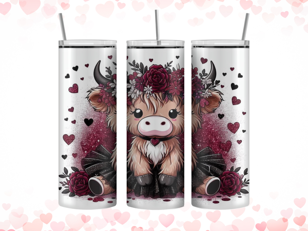 20oz stainless steel tumbler with a cute Valentine cow wearing a tutu. Full-wrap design features hearts, pastel Valentine colors, and whimsical accents. Glossy finish with clear lid attached.