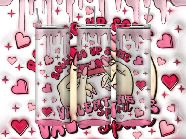 20oz skinny stainless steel tumbler shown upright with a seamless full-wrap design of hands rolling a joint. Valentine-inspired heart accents and playful typography reading “Rolling Up Some Valentine’s Spirit.” Glossy finish with clear sliding lid attached.