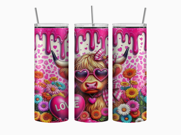 20oz stainless steel tumbler displayed upright with full-wrap design. A cute Highland cow wears heart-shaped sunglasses, surrounded by hearts, flowers, and soft pastel Valentine accents. A stylish drip effect wraps around the rim. Glossy finish with clear sliding lid attached.