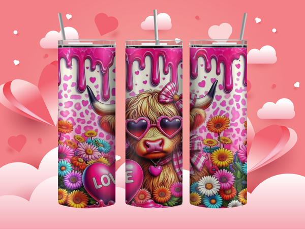 20oz stainless steel tumbler displayed upright with full-wrap design. A cute Highland cow wears heart-shaped sunglasses, surrounded by hearts, flowers, and soft pastel Valentine accents. A stylish drip effect wraps around the rim. Glossy finish with clear sliding lid attached.